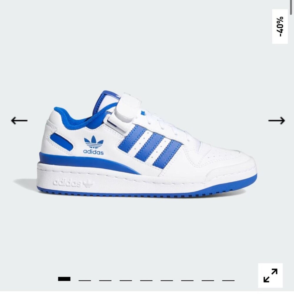 Adidas Forum Low trainers in white and blue. Kids size 5, fits a women’s 6/6.5.